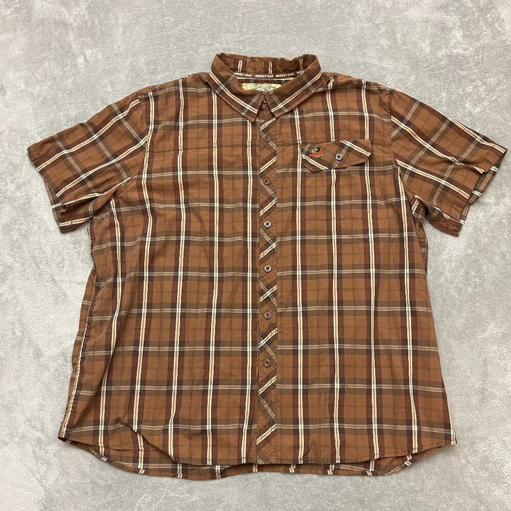 Mossy Oak  Shirt Mens 2XL Brown Plaid Short Sleeve Collared Button Up